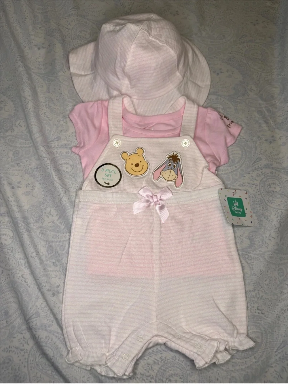 Disney Pink Winnie the Pooh & Eeyore Overall Romper shorts Set with Hat